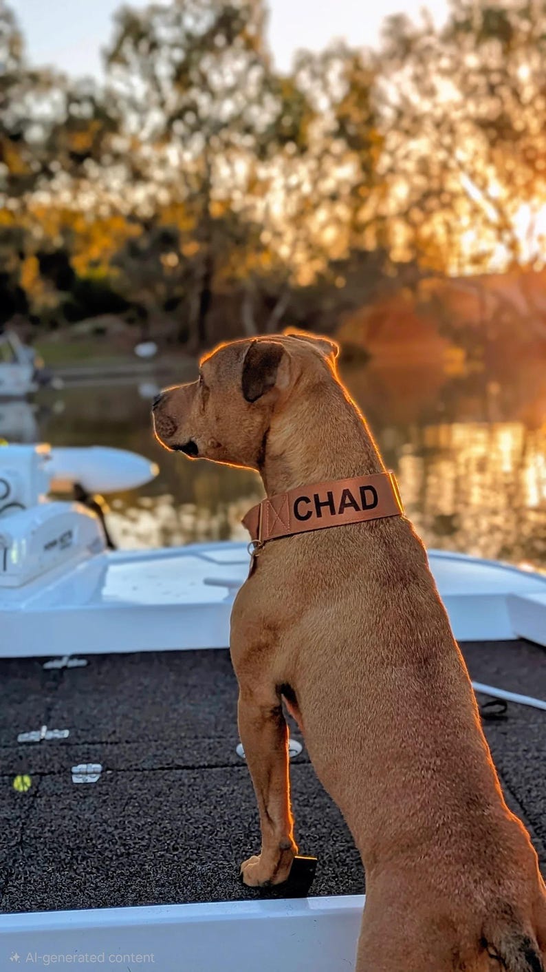 May include: A tan dog wearing a brown collar with the name CHAD printed in black capital letters. The dog is positioned in profile, facing left, with a metallic D-ring visible on the collar strap. The collar features visible stitching.