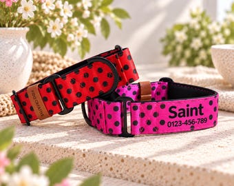 Personalised Polka Dot Martingale Dog Collar, Custom Name & Phone, Padded Greyhound Whippet
