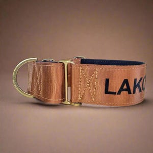 A brown dog collar with a black logo on it.