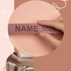 The image is a collage of three images: a hand holding a pink tag with the word "NAME" printed on it, a close-up of a strap or belt, and a hand holding a strap or belt with no visible tags or labels.