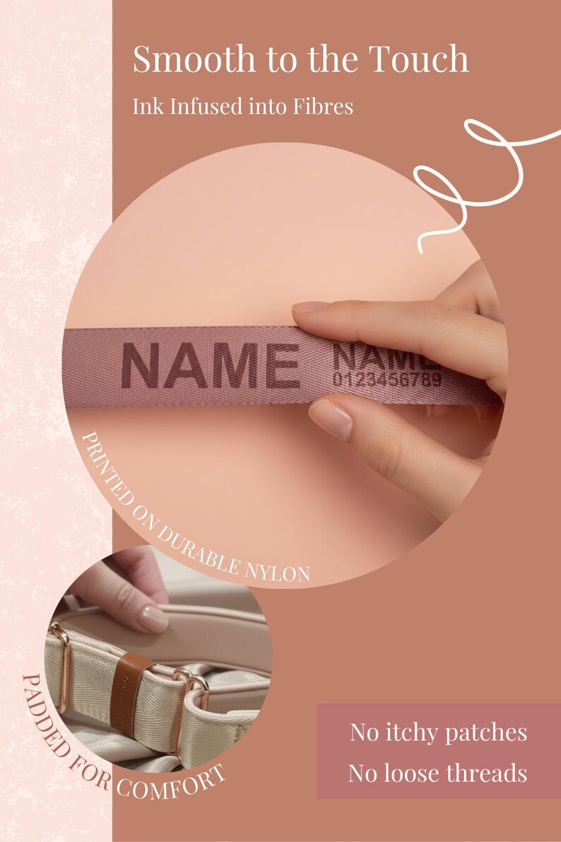 The image is a collage of three images: a hand holding a pink tag with the word "NAME" printed on it, a close-up of a strap or belt, and a hand holding a strap or belt with no visible tags or labels.