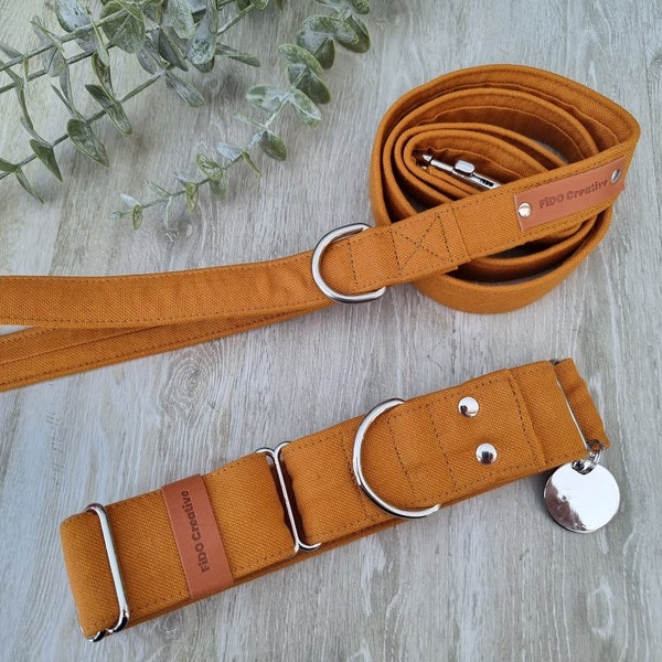 Mustard linen martingale collar | Mustard | Dog Collar leash set | Greyhound | Whippet | Custom size | Wide | ID Collar