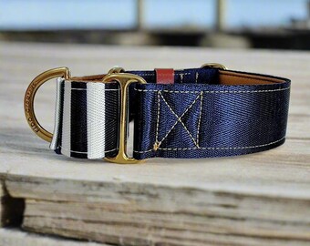 Nautical Stripe Martingale Dog Collar: Padded Navy Blue, Greyhound, Whippet