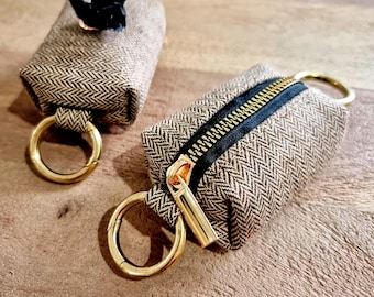 Tweed Dog Poop Bag Holder: Brass Ring Clips, Pet Waste Organizer
