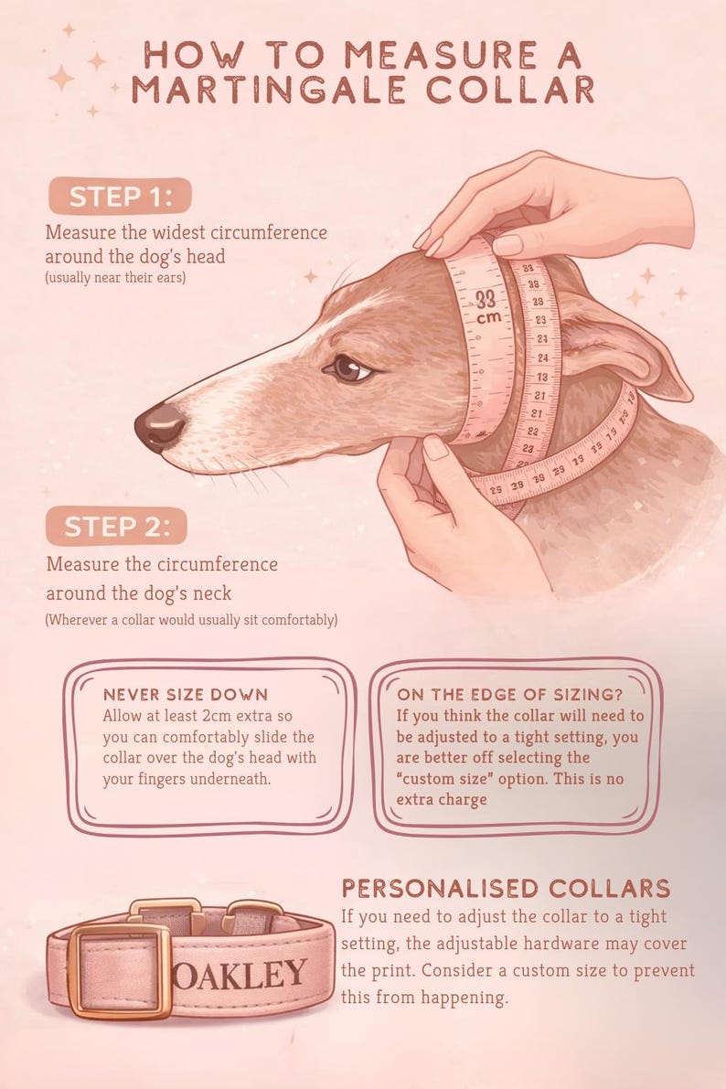 The image is a step-by-step guide on how to measure a martingale collar for a dog. It includes illustrations and instructions on measuring the collar around the dog's head and neck, as well as adjusting the collar to fit the dog's size.