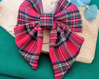 Tartan dog sailor bow tie | Dog bow with tails | Christmas Check  | Red dog accessories | Adjustable dog bow | Martingale bow | Collar bow