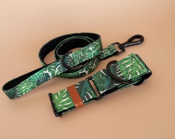 Tropical Monstera Dog Collar, Padded Martingale, Botanical Greyhound Whippet (Brass or Black Hardware)
