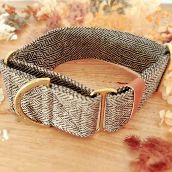 Coffee tweed Martingale  | Brown Herringbone Dog collar | Greyhound collar | Solid Brass | Wide | 2" | 1" | Twill dog collar | Neutral | Boy