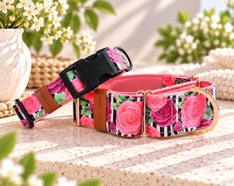 Pretty Pink Girl Dog Collar, Floral Rose Stripe Collar, Padded Dog Collar, Martingale or Buckle, Rose Gold or Brass Hardware