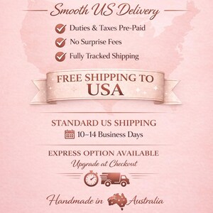 The image is a promotional poster for fast shipping services in the United States. It highlights the benefits of fast shipping, such as no surprise fees, pre-paid duties, and free shipping to the USA. The poster also mentions standard US shipping options, including 10-14 business days and the availability of an upgrade at the checkout. The image is a collage of various shipping-related icons and text elements, including a truck, a map, and a clock, all set against a pink background.