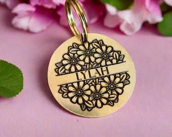 Engraved Pet ID Tag, Custom Dog Name Tag with Flower Burst, High Quality Brass or Stainless Steel, Personalized Dog Tag with Quick Clip