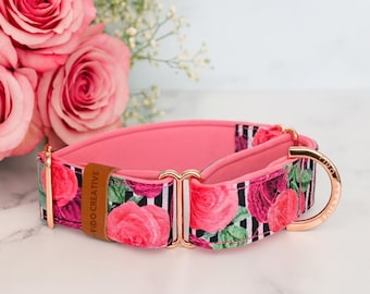 Martingale Dog Collar: Floral Rose Stripe Pattern (Pink Padded, Multiple Sizes)