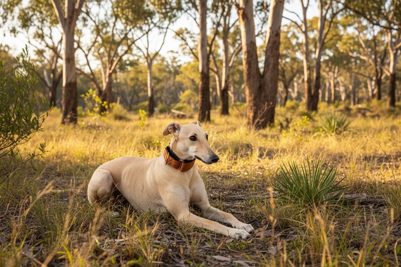 May include: A light tan Greyhound dog with a smooth coat lying down in a grassy field. The dog is wearing a wide, brown leather collar with visible stitching and a metal buckle, positioned around its neck while looking toward the right side.