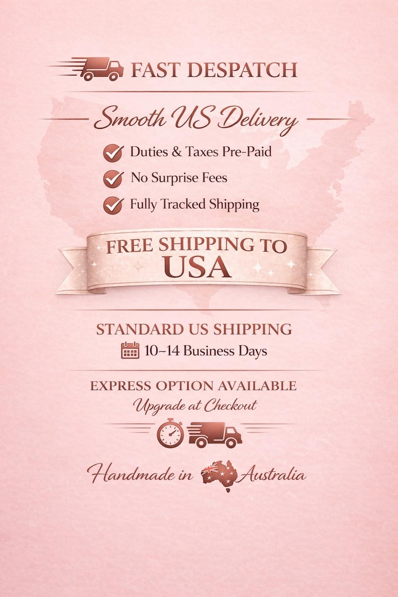 The image is a promotional poster for fast shipping services in the United States. It highlights the benefits of fast shipping, such as no surprise fees, pre-paid duties, and free shipping to the USA. The poster also mentions standard US shipping options, including 10-14 business days and the availability of an upgrade at the checkout. The image is a collage of various shipping-related icons and text elements, including a truck, a map, and a clock, all set against a pink background.