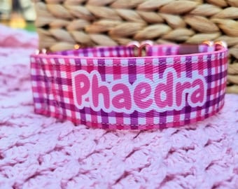 Personalized Martingale Dog Collar: Pink Gingham Plaid, Greyhound Whippet Collar