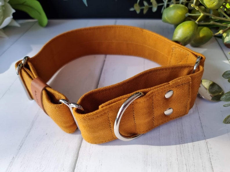 Mustard linen martingale collar Mustard Dog Collar leash set Greyhound Whippet Custom size Wide ID Collar Slip 2 1.5 image 2