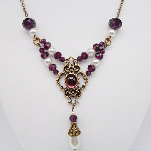 Renaissance necklace Purple Amethyst, pearl and antique gold vintage, Reign Mary, Anne Boleyn, The Tudors, Victorian Gothic
