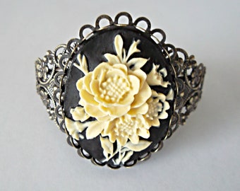 Rose Cameo in Ivory and Black Antique Brass Cuff Bracelet