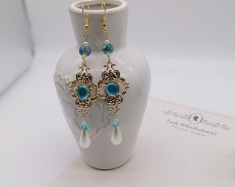 Aqua Blue Cabochon Dangle Earrings: Gold Filigree, Pearl Drop