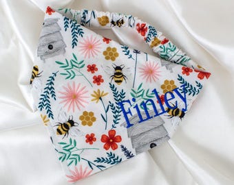 Embroidered Floral Bee Dog Bandana for Spring or Summer, Personalized, Custom Name Dog Scarf, Bumble Bee Pet Handkerchief, Dog Gifts