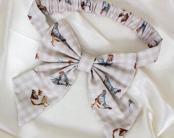 EASY SLIP ON Beige Gingham Dog Bow with Barnyard Chickens, Plaid Dog Bow Tie, Sailor Dog Bows, Dog Gifts, Dog Bowtie, Bows for Dogs