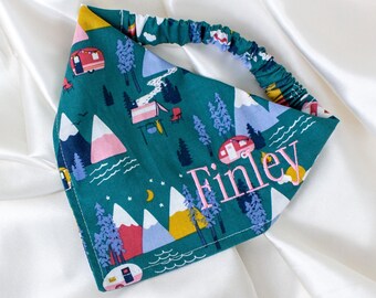 PERSONALIZED Camping Adventure Dog Bandana with Embroidered Custom Name, Outdoors Dog Scarf for Spring and Summer, Personalized Dog Clothes