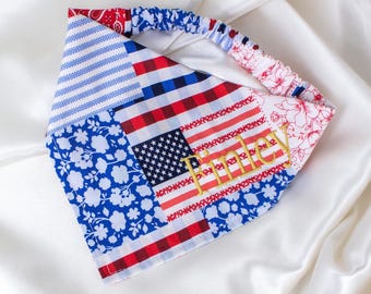 PERSONALIZED Patriotic Patchwork Quilt Dog Bandana, Embroidered Dog Scarf, Floral Gingham, American Flag, 4th of July