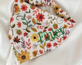 Personalized Floral Fall Dog Bandana, with Mushrooms and Embroidered Name