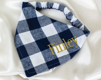 Blue Buffalo Plaid Flannel Dog Bandana, Personalized with Embroidered Name