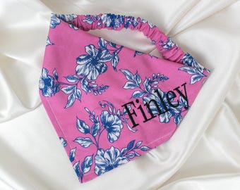 Personalized Pink Floral Dog Bandana, Embroidered, Custom Name Dog Scarf, Pet Handkerchief with Flowers, Dog Mom Gift, Dog Gifts