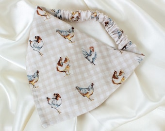 Beige Gingham Dog Bandana, Slip On Elastic Dog Scarf with Chickens, Checkered Pet Handkerchief, Dog Mom Gift