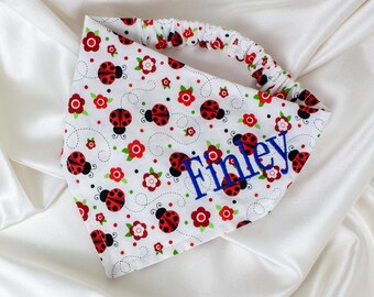 Embroidered Floral Lady Bug Dog Bandana with Custom Name, Personalized White Dog Scarf for Spring, Dog Mom Gift, Pet Handkerchief