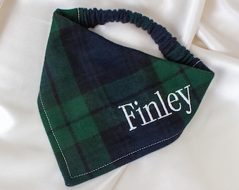 Personalized Flannel Dog Bandana, Green Plaid Embroidered Dog Scarf, Pet Handkerchief for Winter, Christmas Gifts, Fall Dog Bandana, Autumn