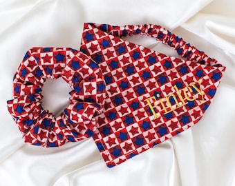 MATCHING PERSONALIZED Embroidered Rustic Patriotic Dog Bandana and Hair Scrunchie, Checkered 4th of July Dog Scarf with Stars, Pet & Owner