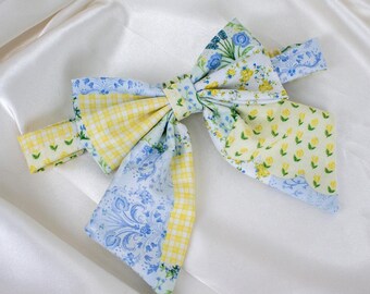 Floral Patchwork Quilt Dog Bow or Dog Bow Tie, Gingham Plaid Sailor Dog Bows, Bows for Dogs, Dog Bowtie