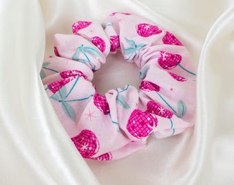 Disco Cherries Scrunchie, Retro Pink Scrunchy with Disco Balls, Hair Ties, 90s Clothing, Gift for Her, Hair Accessories