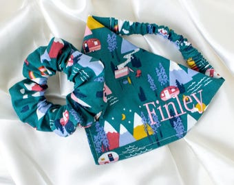 MATCHING Personalized Dog Bandana and Hair Scrunchie Set, Camping Adventure Dog Scarf, Embroidered Custom Name, Summer, Pet and Owner