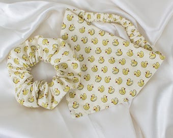 Matching Rubber Ducky Dog Bandana and Hair Scrunchie Set, Beige Rubber Duck Dog Scarf and Scrunchy, Pet and Owner Pack, Pet Handkerchief