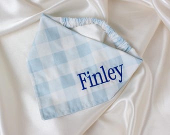 Personalized Blue Gingham Dog Bandana with Embroidered Name