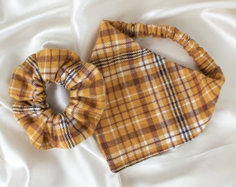 MATCHING Mustard Plaid Flannel Dog Bandana and Hair Scrunchie Set, Autumn Scrunchy and Fall Dog Scarf, Fall Dog Bandana, Dog and Owner