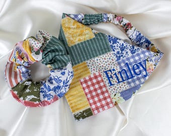 MATCHING Embroidered Personalized Dog Bandana and Hair Scrunchie Set, Patchwork Quilt Scrunchy Pet and Owner Set, Custom Dog Bandana