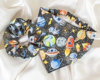 Matching Retro Outer Space Dog Bandana and Hair Scrunchie Set, Dog Scarf and Scrunchy Matching Dog and Owner Pack, Dog Accessories Boy