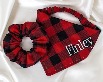 Matching Embroidered Fall Flannel Dog Bandana and Hair Scrunchie Set in Buffalo Check Plaid