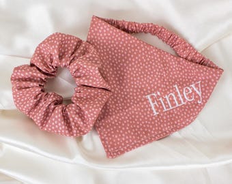 MATCHING SET, Mauve Personalized Embroidered Dog Bandana and Hair Scrunchie Set with Dots, Custom Name, Pet and Owner Pack