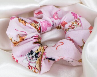 Cute Valentines Day Dogs Scrunchie, Valentine Pink Hearts Hair Scrunchy, Valentines Day Gifts, Gifts for Women, Handmade Hair Accessories