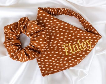 MATCHING Burnt Orange Personalized Embroidered Dog Bandana and Hair Scrunchie Set with Beige Dots, Custom Scrunchy Pet and Owner Pack