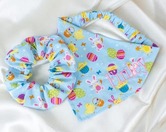 MATCHING Easter Pastel Embroidered Dog Bandana and Hair Scrunchy Set, Personalized Dog Scarf and Scrunchie for Pet and Owner, Easter Gifts