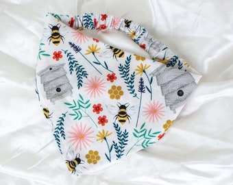 Floral Bee Dog Bandana, Bees & Flowers Dog Bandana, White Dog Scarf, Bumblebee Pet Handkerchief