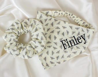 Personalized Matching Cream Bee Dog Bandana and Hair Scrunchie Set, Embroidered