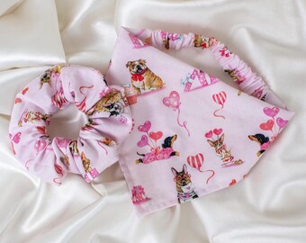 MATCH YOUR PUP! Matching Valentines Dog Bandana and Hair Scrunchie Set, Valentines Day Gifts, Pet and Owner Set, Pink, Heart Dog Scarf